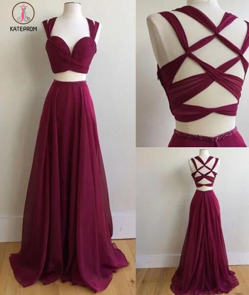 Sexy Two Pieces Sleeveless Sweetheart Band Chiffon Criss-Cross Straps Prom Dresses KPP0343
