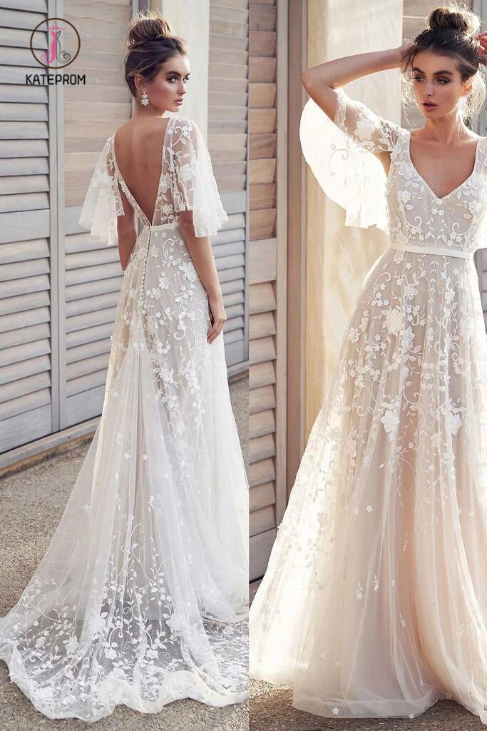 Ivory V Neck Beach Wedding Dresses with Lace Appliques, Romantic Backless Bridal Dresses KPW0506