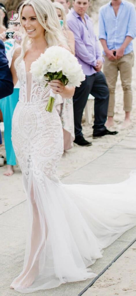 Mermaid Lace Deep V-neck Sleeveless Long Tulle Beach Wedding Dress,Bridal Gown KPW0159