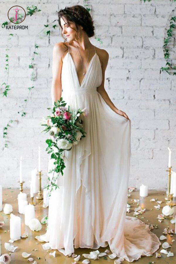 Backless Deep V-neck Sweep Train Beach Wedding Dresses With Straps KPW0025