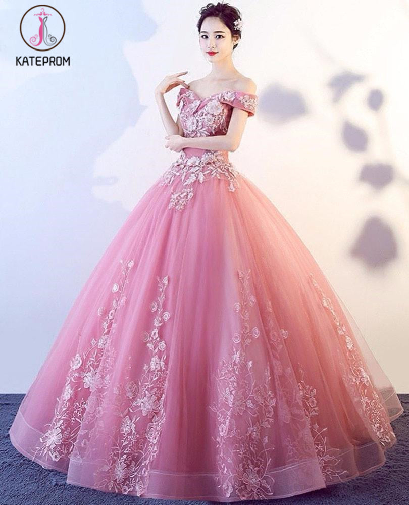 Floor Length Off-the-Shoulder Short Sleeves Appliques Tulle Quinceanera Dress KPP0592