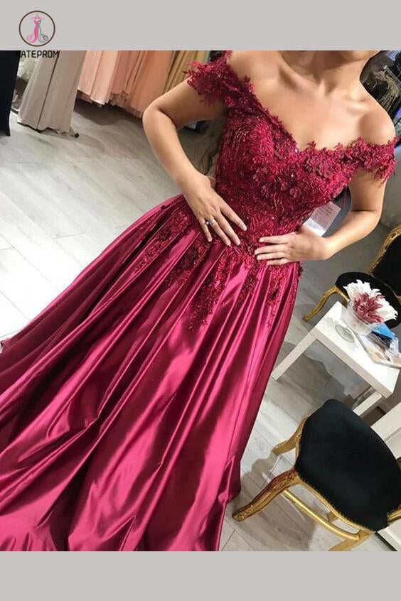 A Line Burgundy Off the Shoulder Lace Up Back Applique Satin Long Prom Dress KPP0367