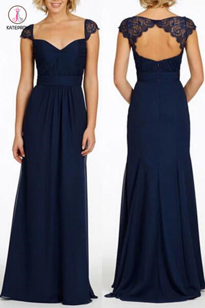 Navy Blue Long Open Back Cap Sleeve Chiffon Bridesmaid Dress KPB0032