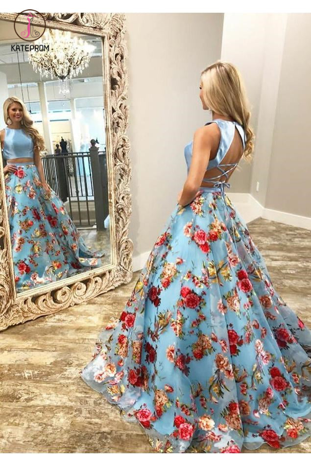 Two Piece Crew Open Back Sweep Train Light Blue Sleeveless Lace Prom Dress KPP0504