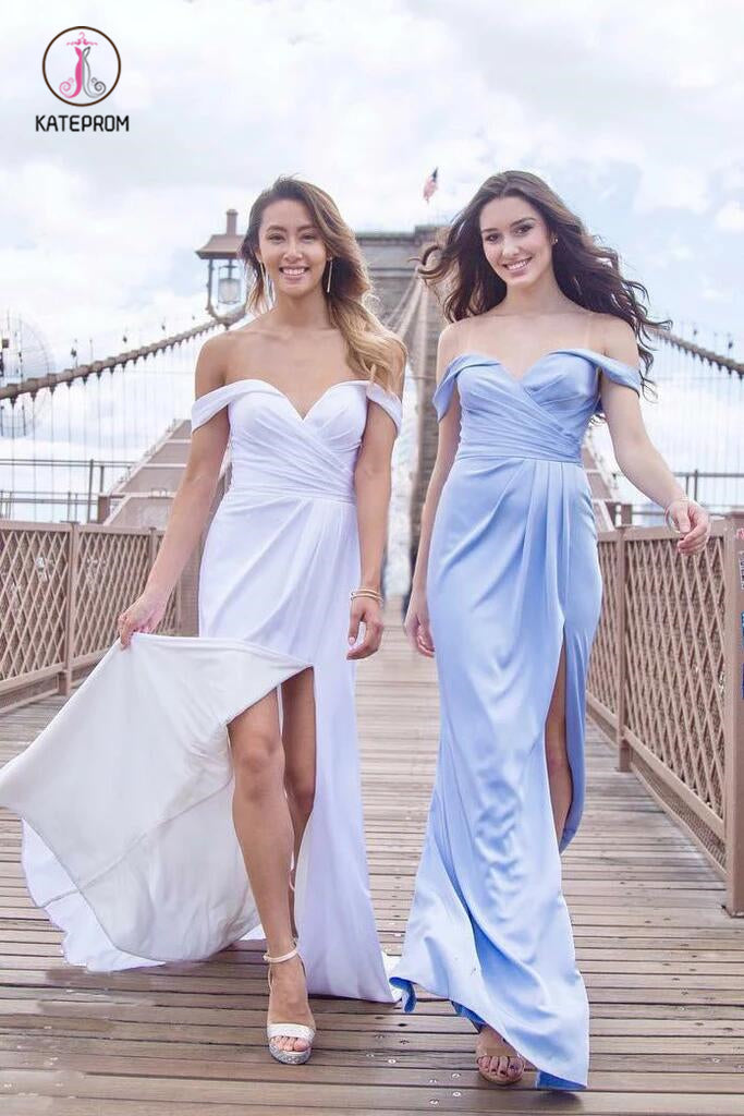Elegant Off the Shoulder Long Chiffon Bridesmaid Dress with Side Slit, Split Bridesmaid Dress KPB0128