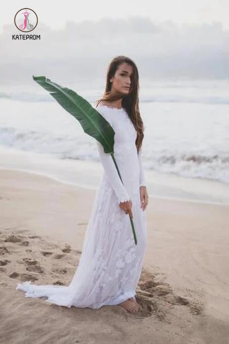 Ivory Long Sleeve Rustic Bridal Dresses Backless Sheath Beach Wedding Dress KPW0451