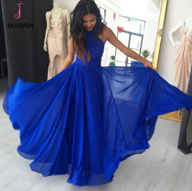 Simple A Line Prom Gown, Halter Royal Blue Chiffon Evening Dress with Keyhole KPP0601