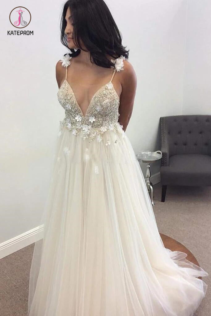 Deep V-neck Beading Prom Dresses,Straps Tulle Appliques A-line Custom Beach Wedding Dress KPW0033