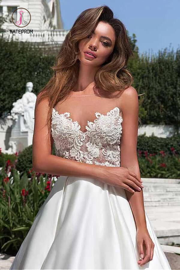 Charming Sheer Neckline A-line Satin Wedding Dress With Pockets Lace Appliques KPW0289