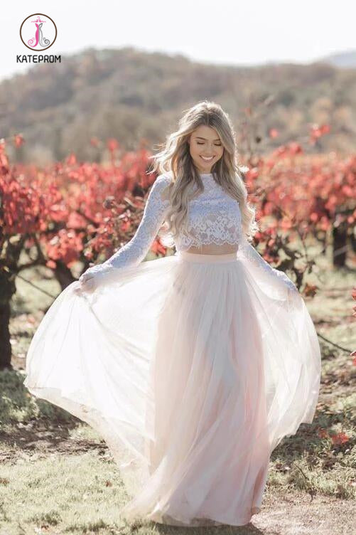 Two Piece Long Sleeves Lace Wedding Dresses Blush Pink Boho Beach Wedding Dress KPW0419