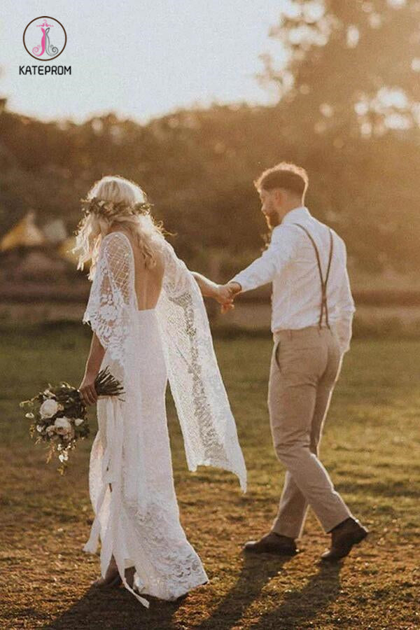 Ivory Boho Wedding Dresses with Batwing Sleeve Lace Rustic Backless Wedding Dresses KPW0410