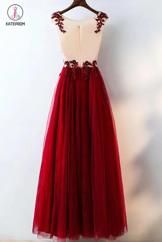 Burgundy Lace Applique Sleeveless Tulle Long Prom Dress with Beads,A-line Evening Dresses KPP0216