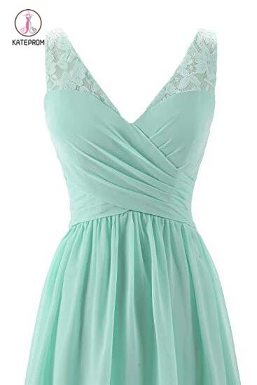 Mint Green V Neck Long Bridesmaid Dress with Lace, Simple Pleated Long Bridesmaid Dress KPB0186