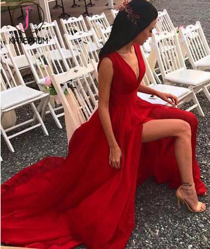 Split V-neck Red Evening Dress,Sexy Party Dresses with V Back,Sleeveless Chiffon Prom Dresses KPP0165