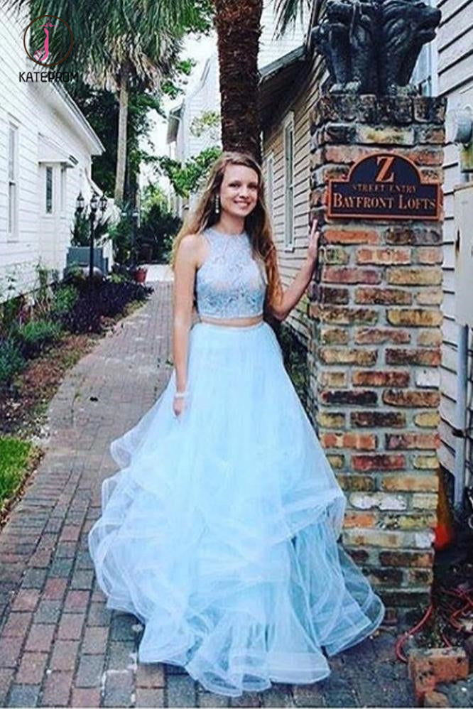 Two Pieces Blue Lace Round Neck Sleeveless A-line For Teens Prom Gown Dresses KPP0608