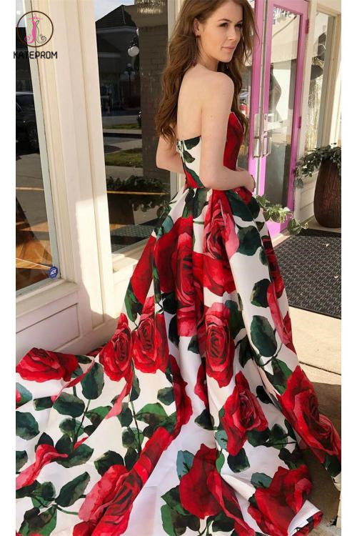 Princess Strapless Sleeveless Floral Long Prom Dress, Sweep Train Ruched Graduation Dress KPP0474