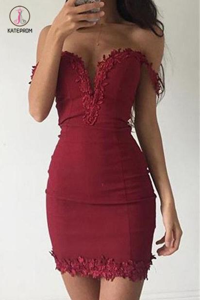 Sheath Burgundy Deep V-neck Off-the-shoulder Homecoming Dresses,Tight Prom Dress KPH0262