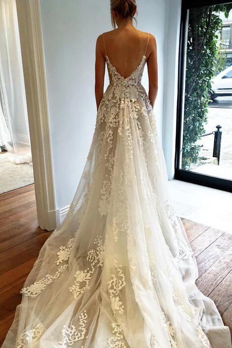 Deep V neck Wedding Dress,Lace Wedding Dress,Spaghetti Straps Beach Wedding Dress KPW0135