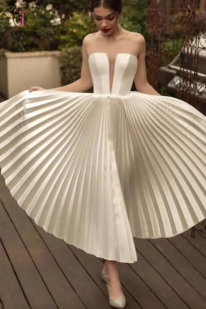Ankle Length Strapless Wedding Dress, Ivory Pleats Beach Wedding Dresses KPW0463