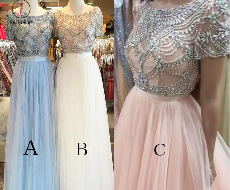 Two piece Bateau Short Sleeve Beading Light Blue Tulle Split Prom Dress with Lace KPP0286