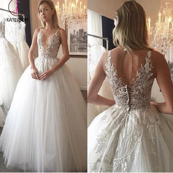 Ivory Deep V-neck Lace Appliqued Tulle Wedding Dress,Sexy Sheer Bridal Wedding Gown KPW0077