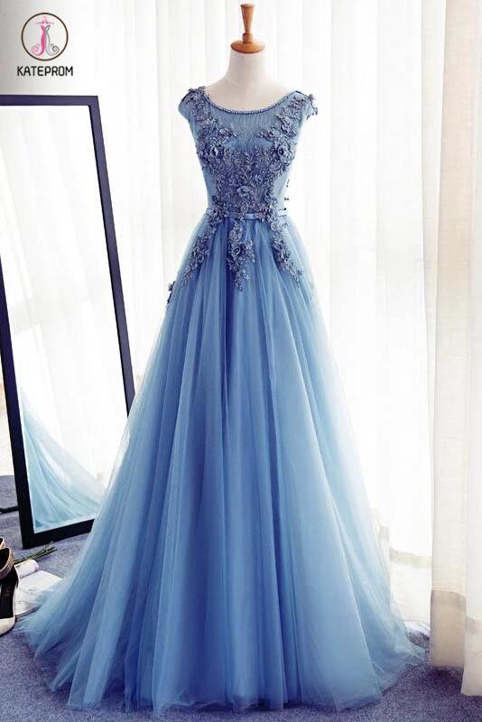 Appliques A-Line Sleeveless Ice Blue Tulle Prom Dresses Long,Evening Dresses KPP0217