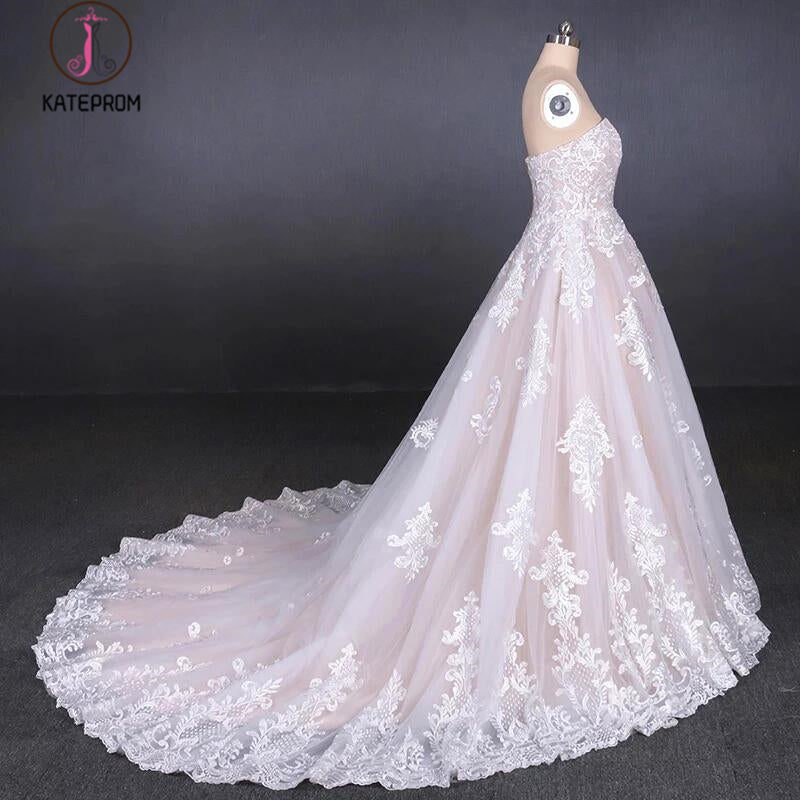Puffy Strapless Tulle Wedding Dress with Lace Appliques, Long Train Lace Up Bridal Dress KPW0478
