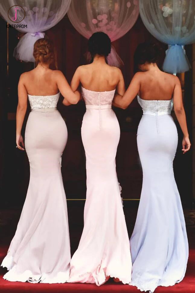 Mermaid Sweetheart Lace Applique Long Bridesmaid Dress with Slit Prom Gown KPB0080