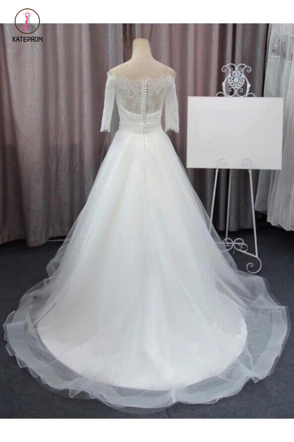 A Line 3/4 Sleeves Tulle Wedding Dress with Flowers, Fluffy Off Shoulder Bridal Dress with Lace KPW0223