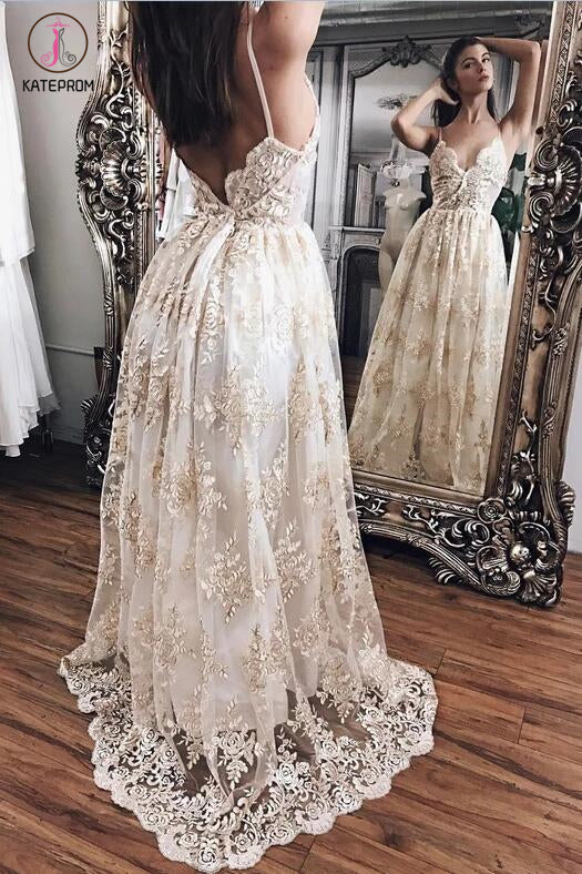 Sexy Spaghetti Straps V-neck Backless Lace Prom Dress,Beach Wedding Dresses KPW0113