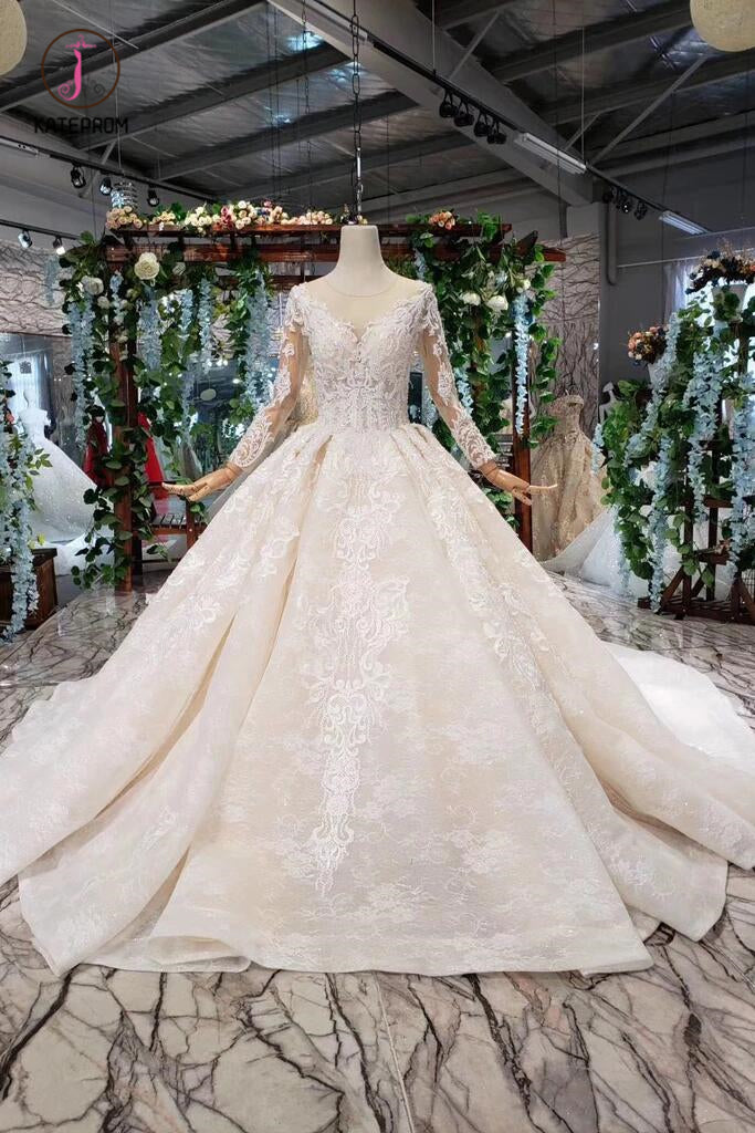 Princess Long Sleeves Sheer Neck Ball Gown Lace Wedding Dresses, Long Bridal Dress KPW0398