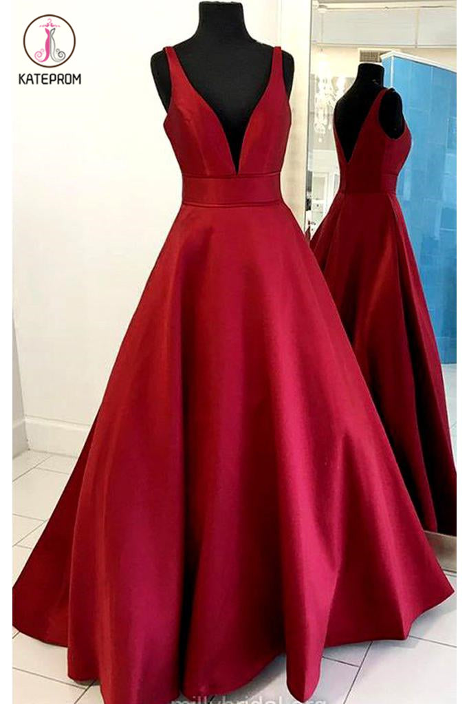 Burgundy Deep V Neck Satin Long Prom Dress, Floor Length Formal Evening Gown KPP0513
