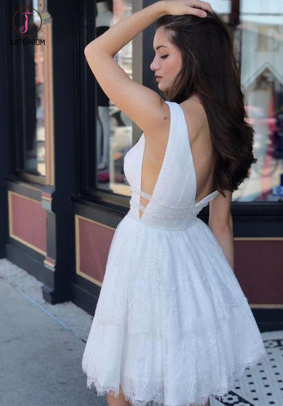 Deep V Neck Lace Sleeveless Homecoming Dress,Sexy Junior Dress,White Prom Gown KPH0243