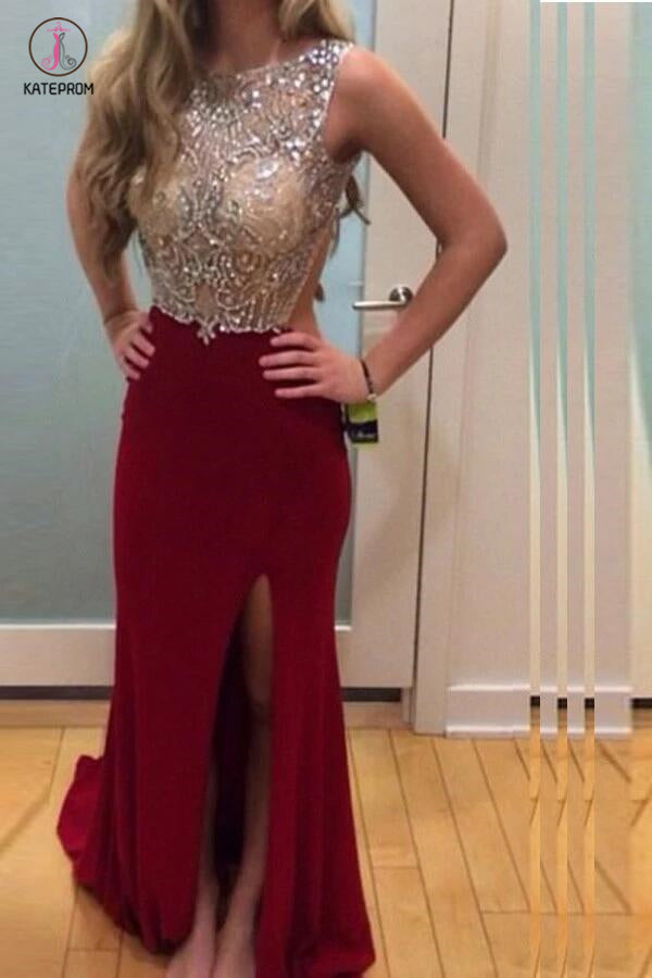 Newest Burgundy Beading Backless Long Prom Dress KPP0109