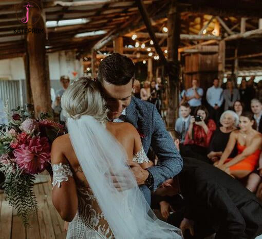 Stunning Mermaid Tulle Bohemian Wedding Dresses Off the Shoulder Lace Beading Bridal Gowns KPW0321