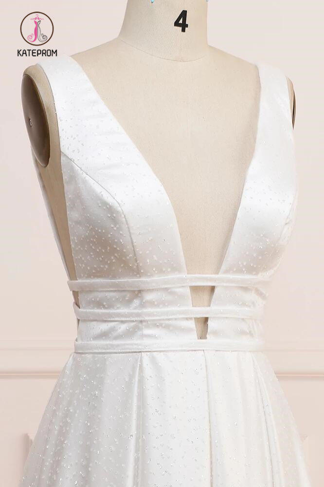 Deep V Neck Sleeveless Bridal Dress, Backless Long A Line Wedding Dresses KPW0460