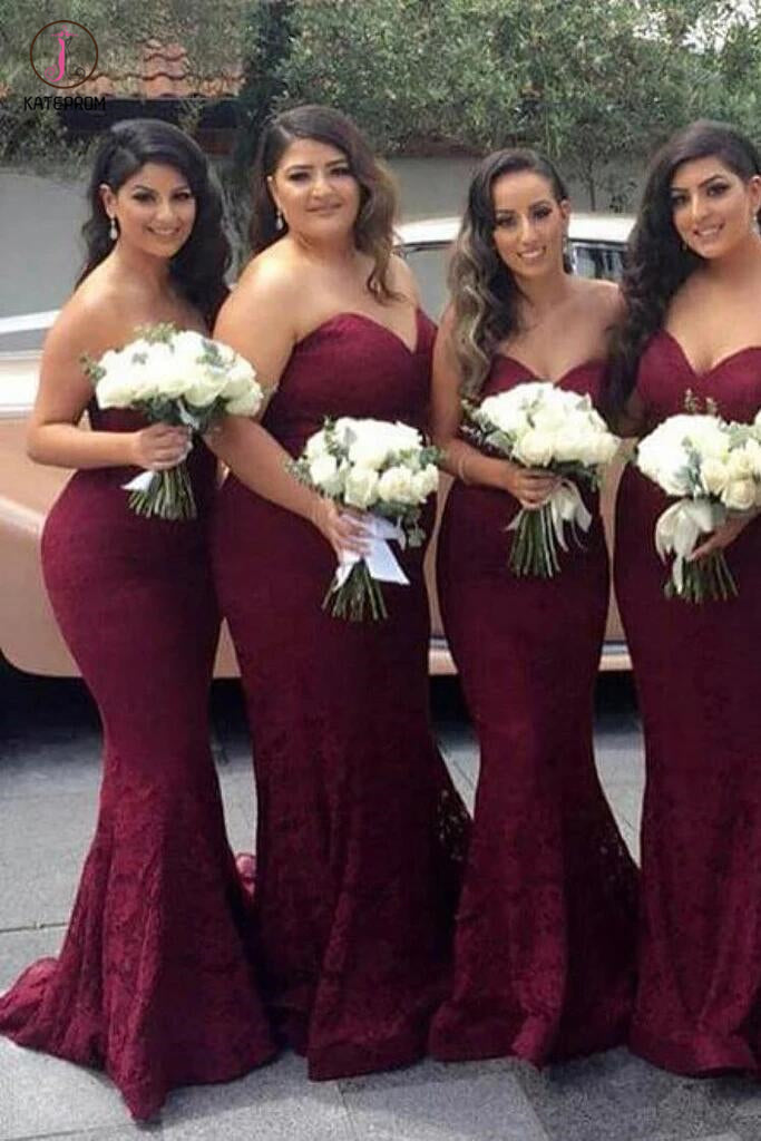 Burgundy Sweetheart Mermaid Sweep Train Lace Bridesmaid Dress,Strapless Long Lace Prom Dresses KPB0044