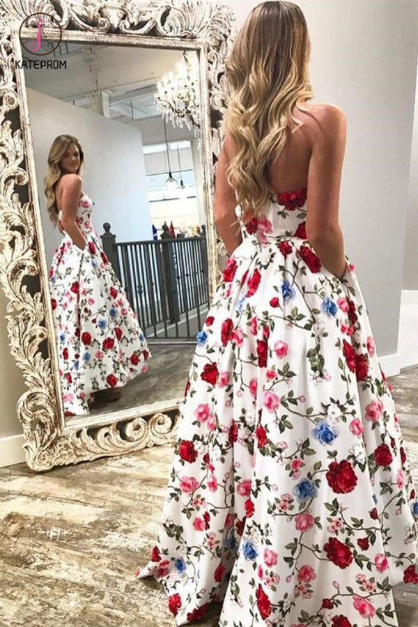 A-Line Strapless High Low White Printed Prom Dress with Pockets, Floral Party Dress KPP0494