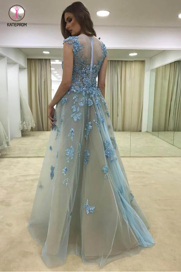 Sexy Appliques Mermaid Cap Sleeve Sheer Neck Long Tulle Evening Dresses,Prom Gown KPP0370