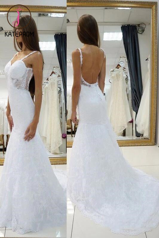 White Straps Open Back Lace Wedding Dress,Sexy Sweetheart Bridal Dress,Customized Bridal Gown KPW0047