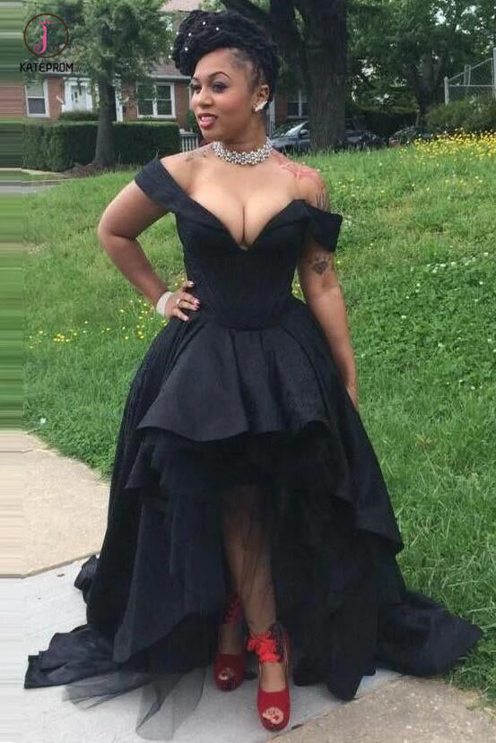 Sexy Black Off the Shoulder V Neck High Low Prom Dresses,Party Graduation Gowns KPP0406