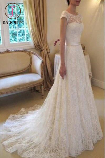 Cap Sleeve Lace Wedding Dresses,Long Bridal Dresses With Court Train,Ivory Beach Wedding Dress KPW0048