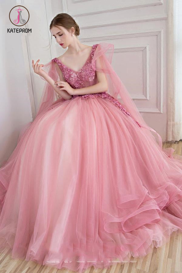 Ball Gown V-Neck Appliques Beading Floor-Length Quinceanera Ball Gown Tulle Prom Dress KPP0591