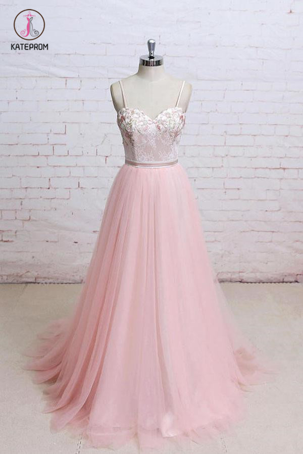Spaghetti Straps Pink Lace Flora Tulle Sweetheart Backless Wedding Dress,Prom Dress KPP0462
