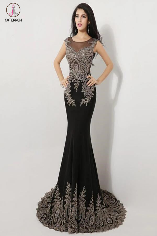 Sweep Train Black Long Cap Sleeve Beaded Prom Dresses KPP0051