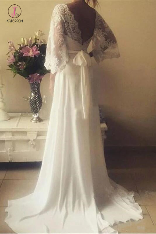Romantic Boho V Neck Lace Appliques Chiffon Long Beach Wedding Dress with Sash KPW0181