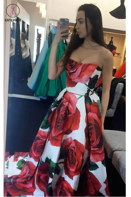 Princess Strapless Sleeveless Floral Long Prom Dress, Sweep Train Ruched Graduation Dress KPP0474