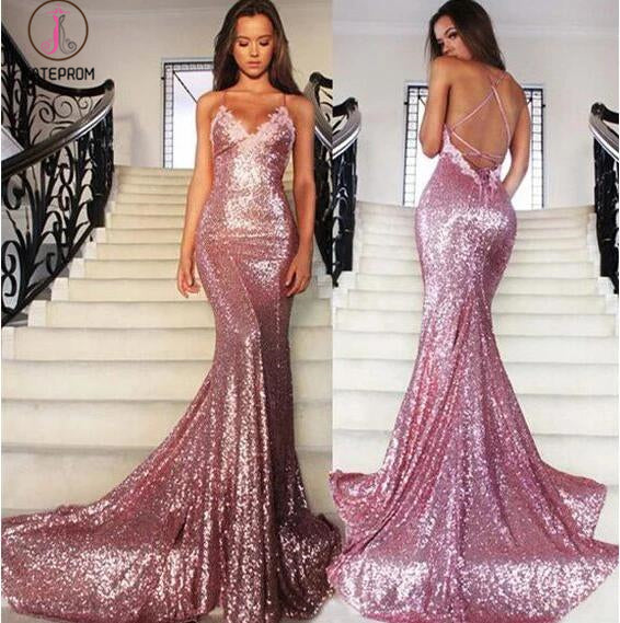 Gorgeous Rose Gold Spaghetti Straps V-neck Mermaid Sequins Sweep Train Prom Dress KPP0243