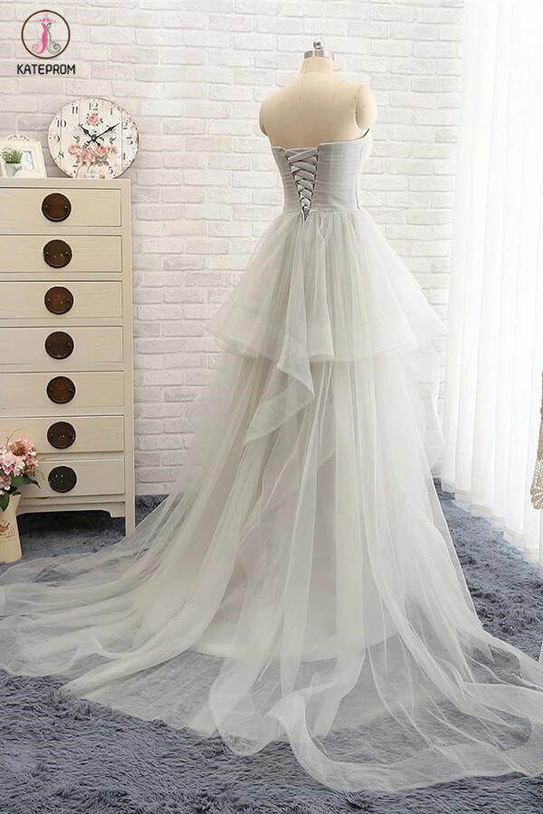 Lace Up Back Strapless Beaded Sweep Train Prom Dresses KPP0030