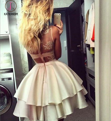 See-through Sexy Lace Top Sleeveless Homecoming Dress,Tiered Stain Short Prom Dresses KPH0228